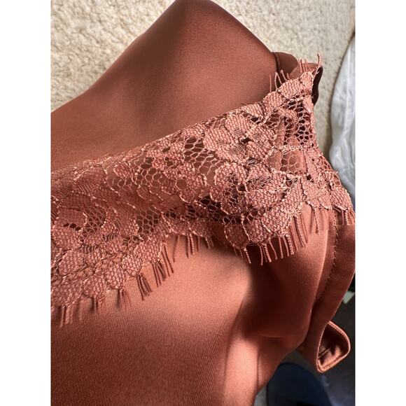 Elegant Lace Trim Satin Blouse - Rust - Picture 11 of 16